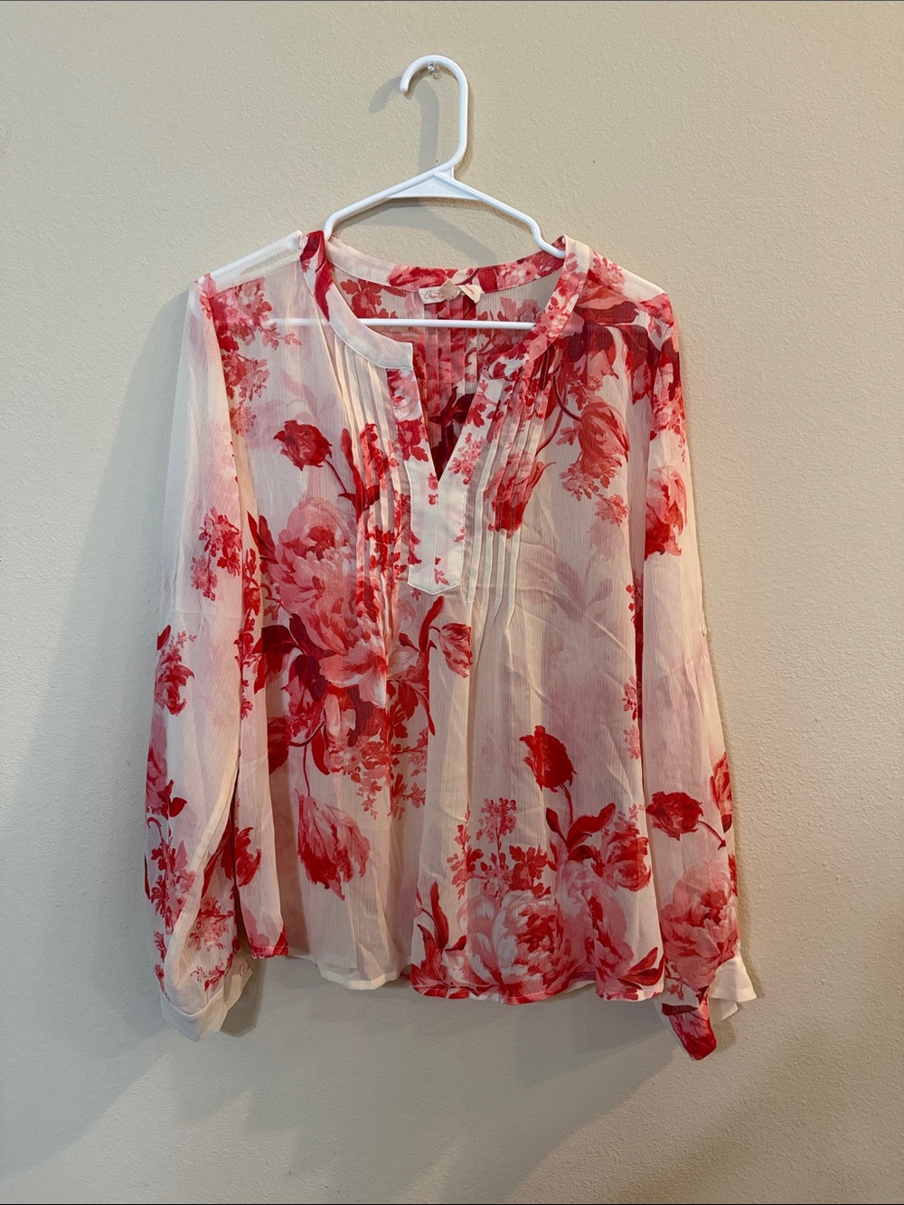 Red Floral Sheer Pintuck Blouse